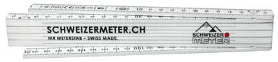 Classic Meterstab mit Schweizermeter Logo und Schriftzug links daneben: schweizermeter.ch Ihr Metertstab - Swiss Made