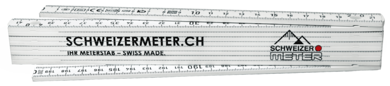 Classic Meterstab mit Schweizermeter Logo und Schriftzug links daneben: schweizermeter.ch Ihr Metertstab - Swiss Made